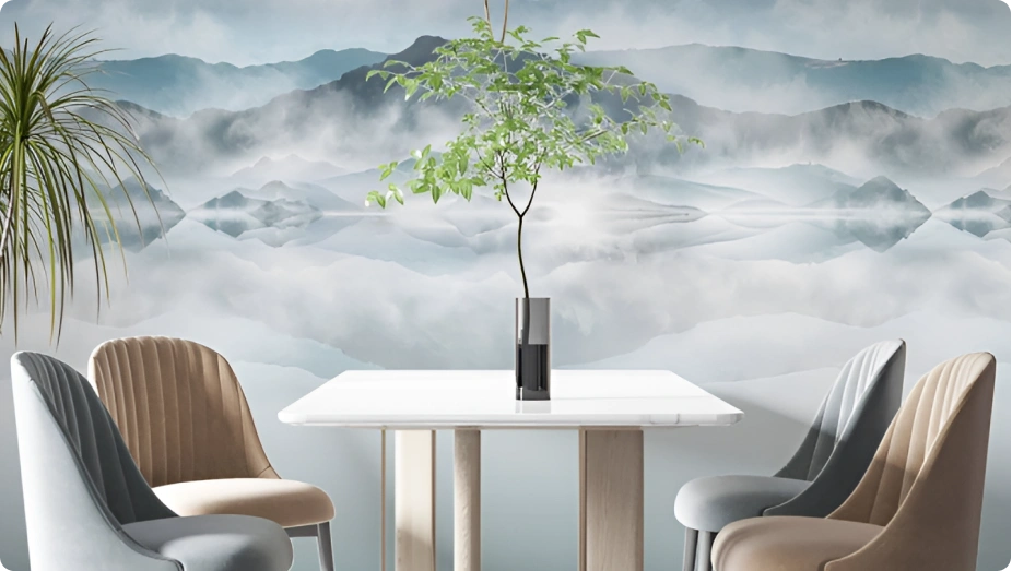 Blue landscape wallpaper look stunning at dining room